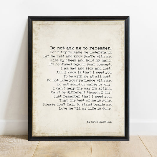 Owen Darnell Do Not Ask Me to Remember vintage book page print in a black frame