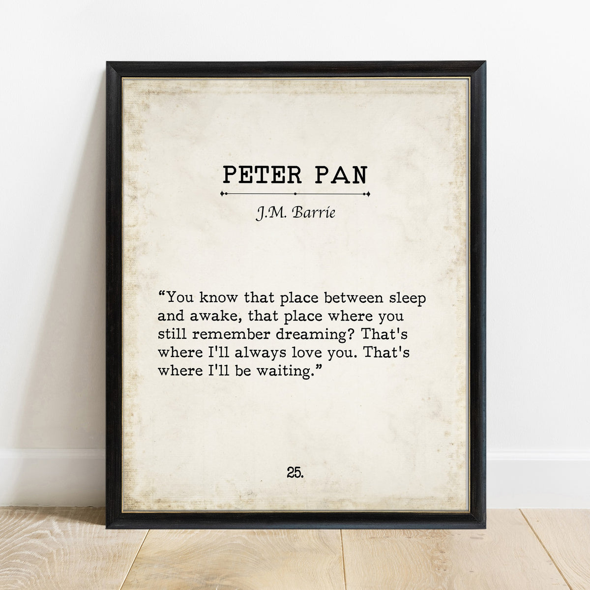 Peter Pan You Know That Place vintage book page print in a black frame