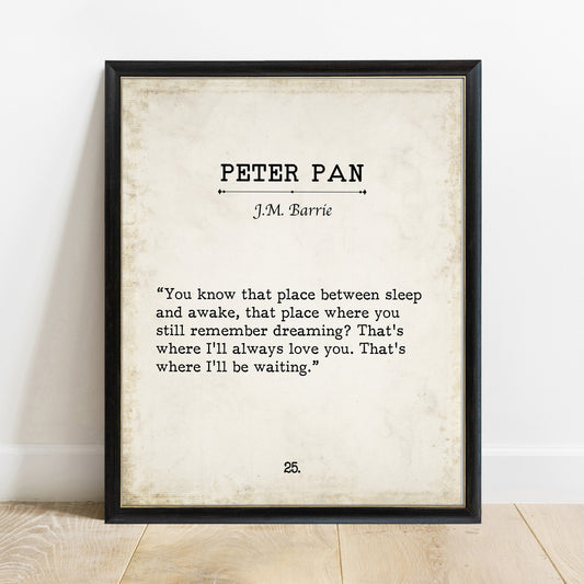 Peter Pan You Know That Place vintage book page print in a black frame