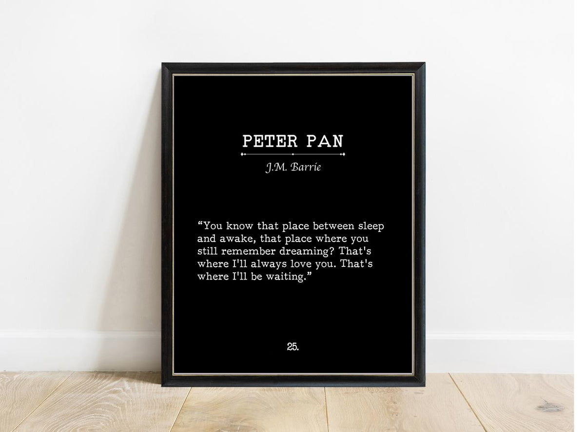 Peter Pan You Know That Place book page print in a black frame, black background