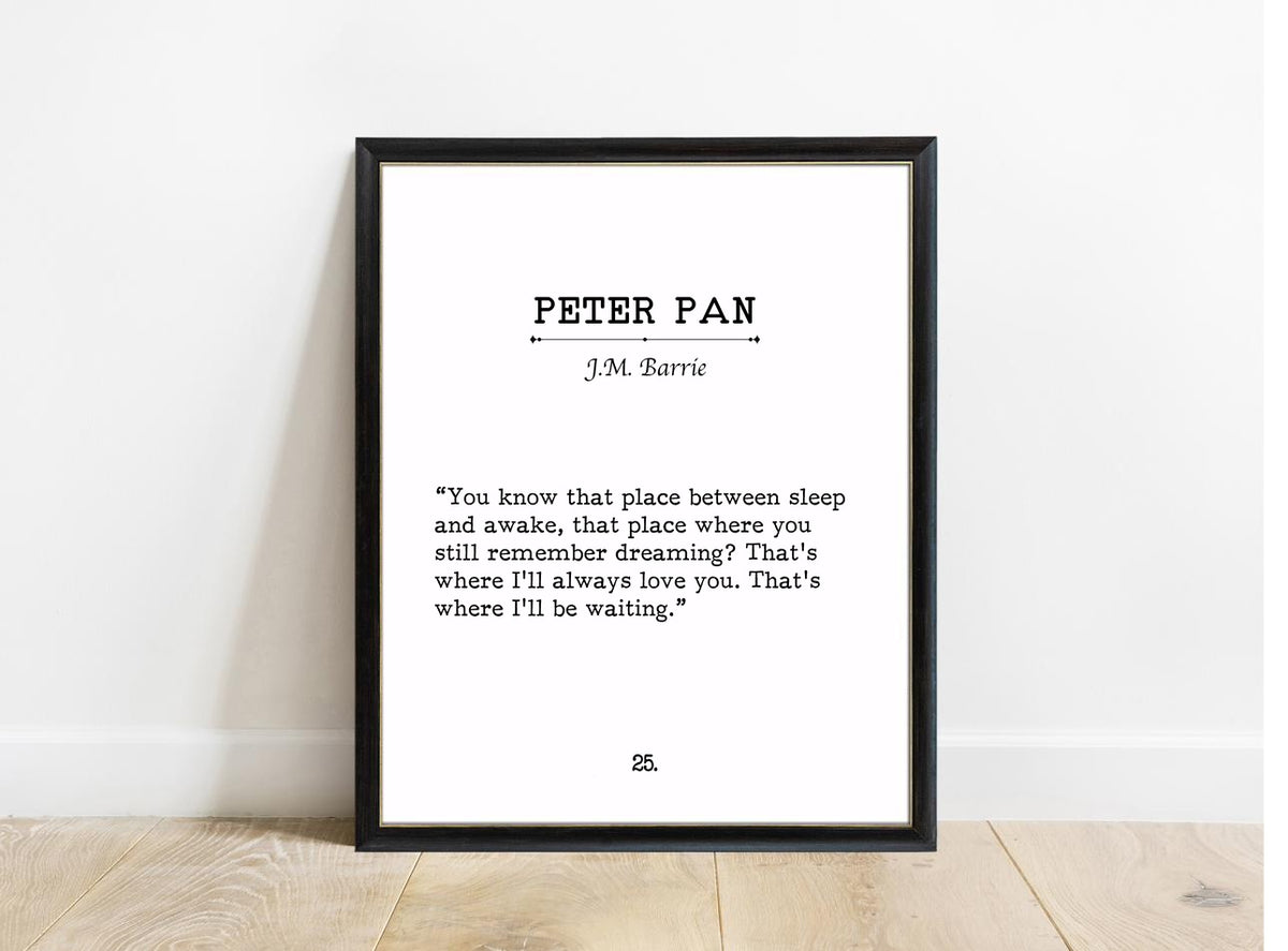 Peter Pan You Know That Place book page print in a black frame, white background