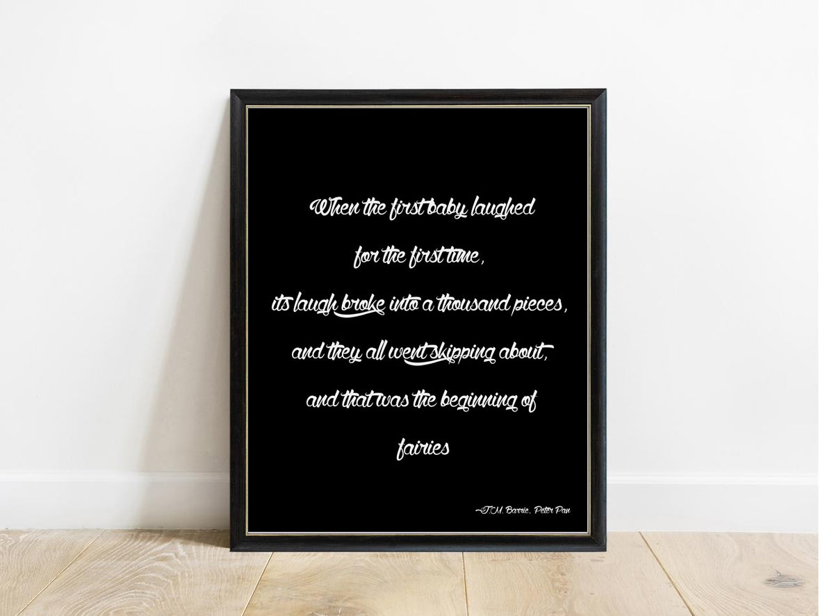 Peter Pan When The First Baby Laughed fairies print in a black frame, black background