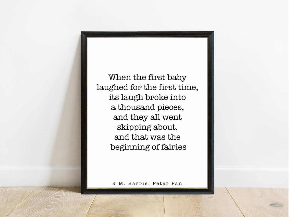 Peter Pan When The First Baby Laughed typewriter print in a black frame, white background