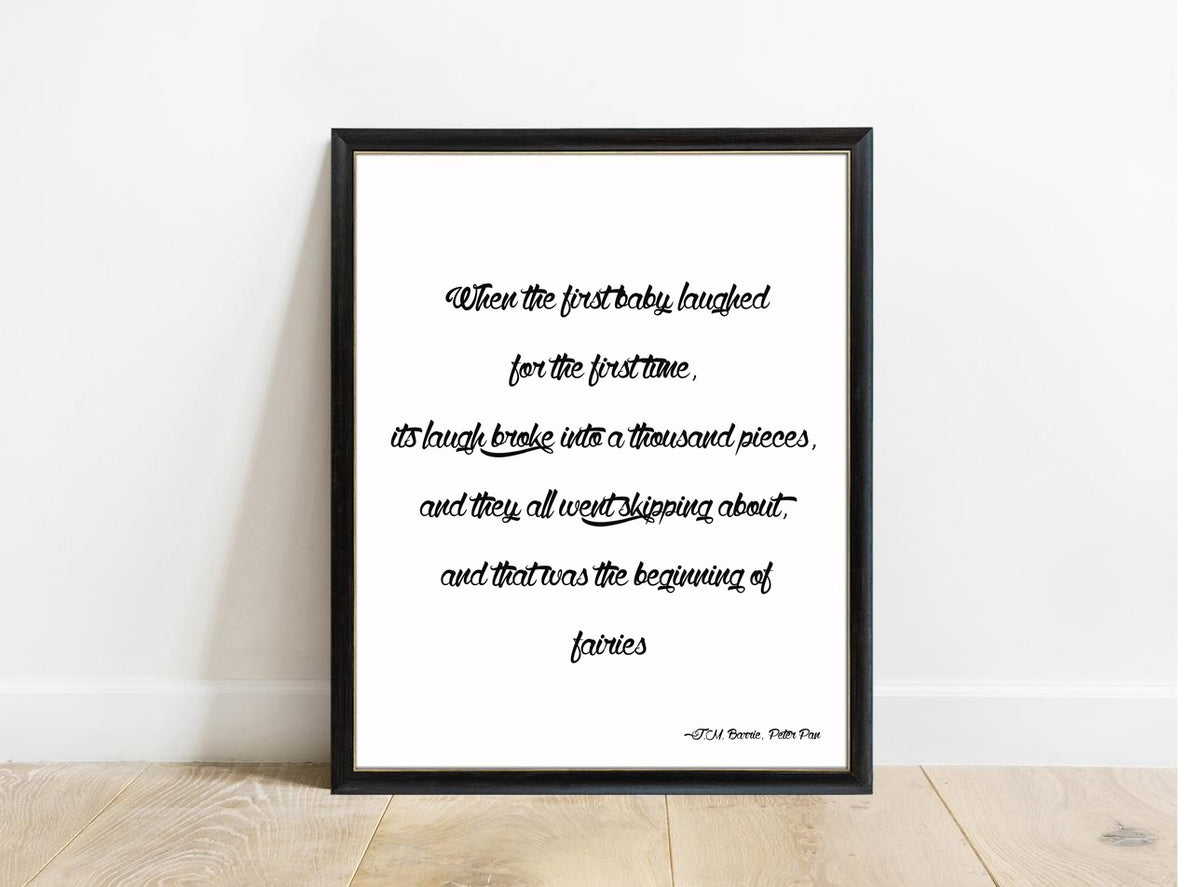 Peter Pan When The First Baby Laughed fairies print in a black frame, white background