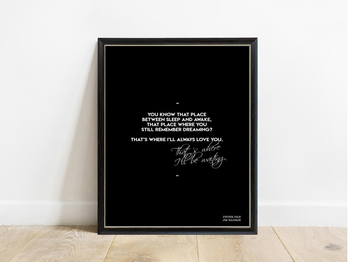 Peter Pan You Know That Place script print in a black frame, black background
