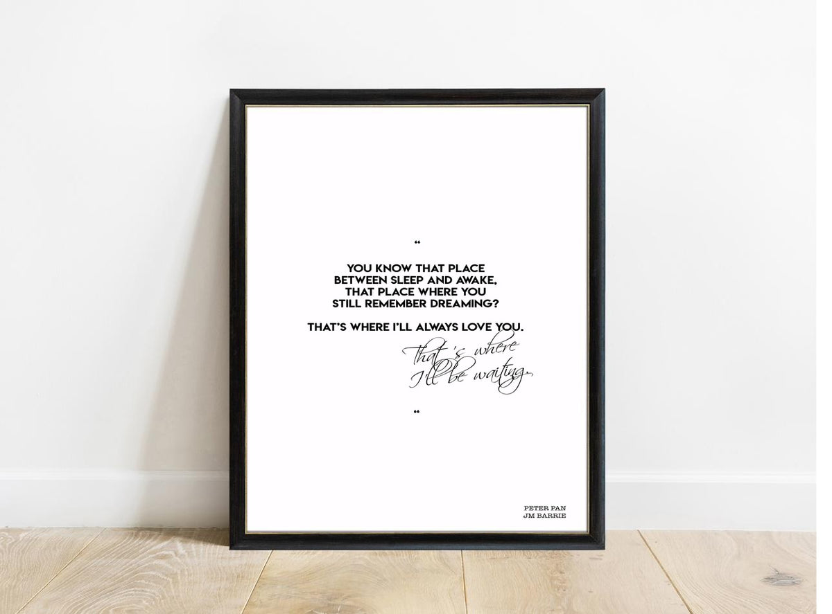 Peter Pan You Know That Place script print in a black frame, white background