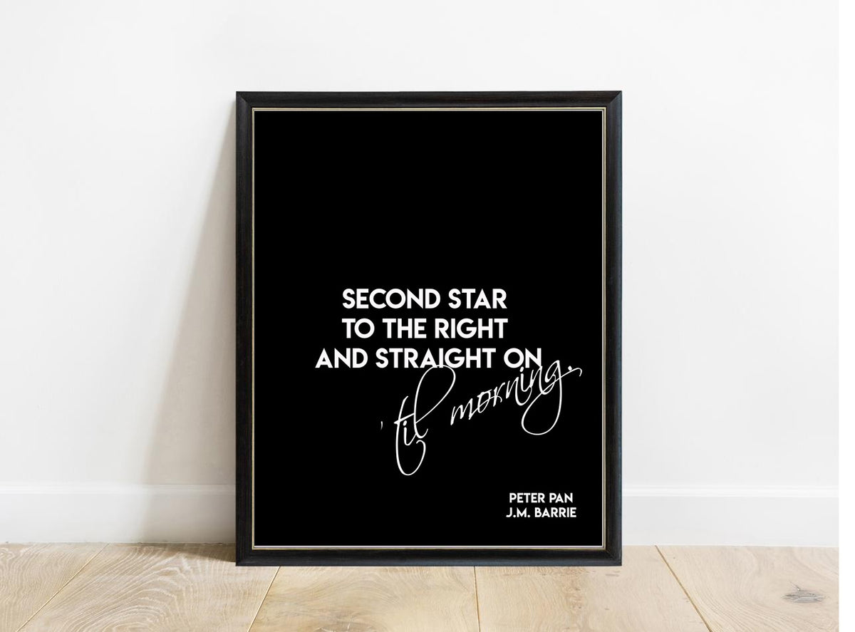 Peter Pan Second Star To The Right print in a black frame, black background