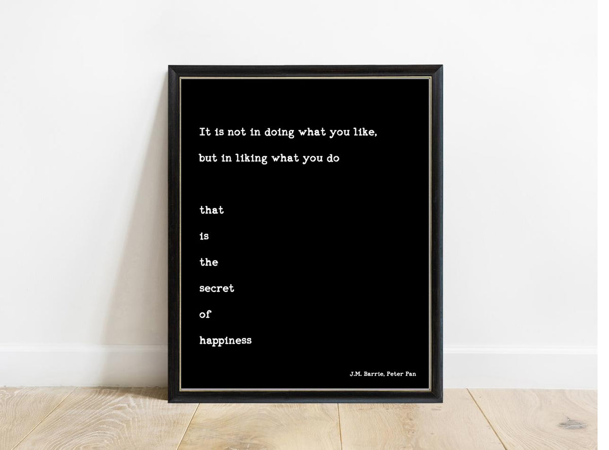 Peter Pan Secret Of Happiness right aligned print in a black frame, black background