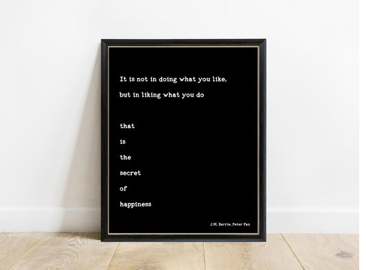 Peter Pan Secret Of Happiness right aligned print in a black frame, black background