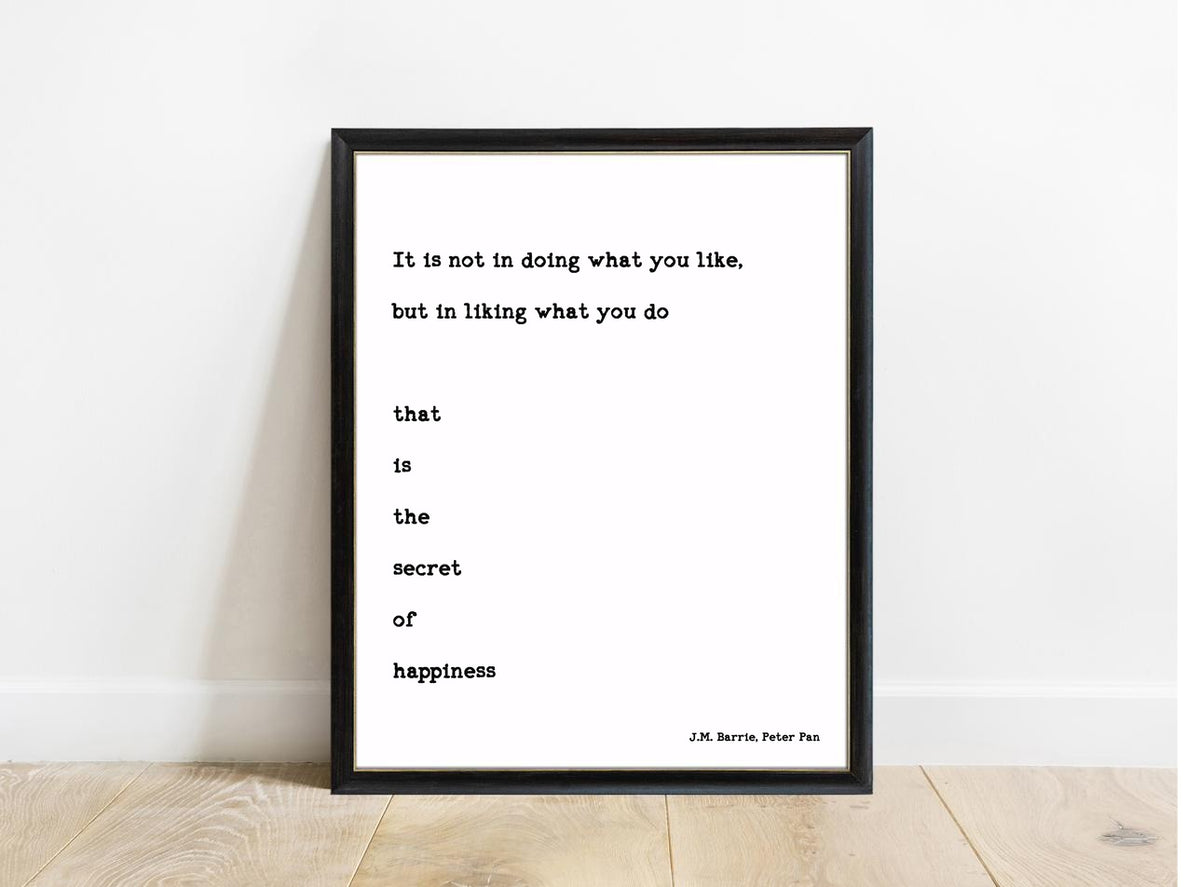 Peter Pan Secret Of Happiness right aligned print in a black frame, white background