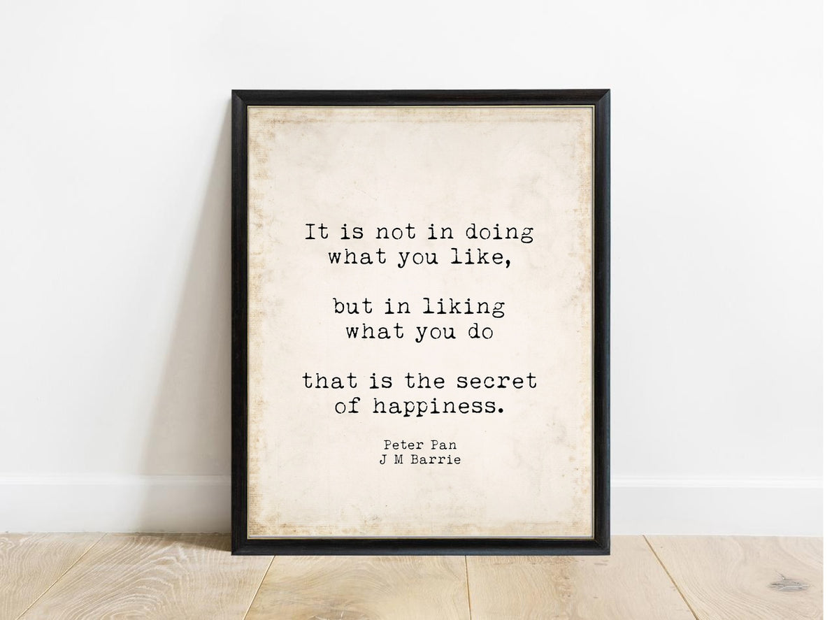 Peter Pan Secret Of Happiness spaced print in a black frame, vintage background