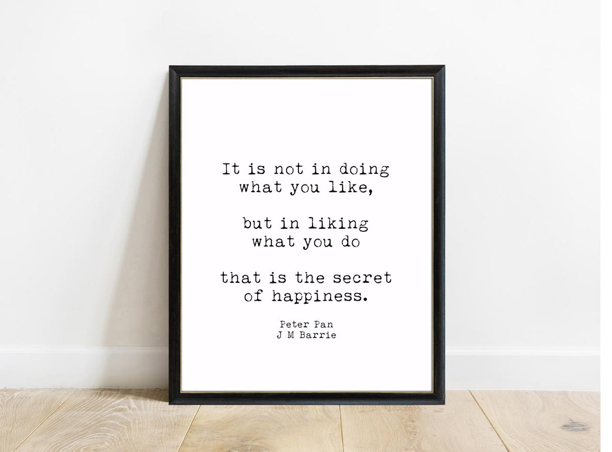 Peter Pan Secret Of Happiness spaced print in a black frame, white background