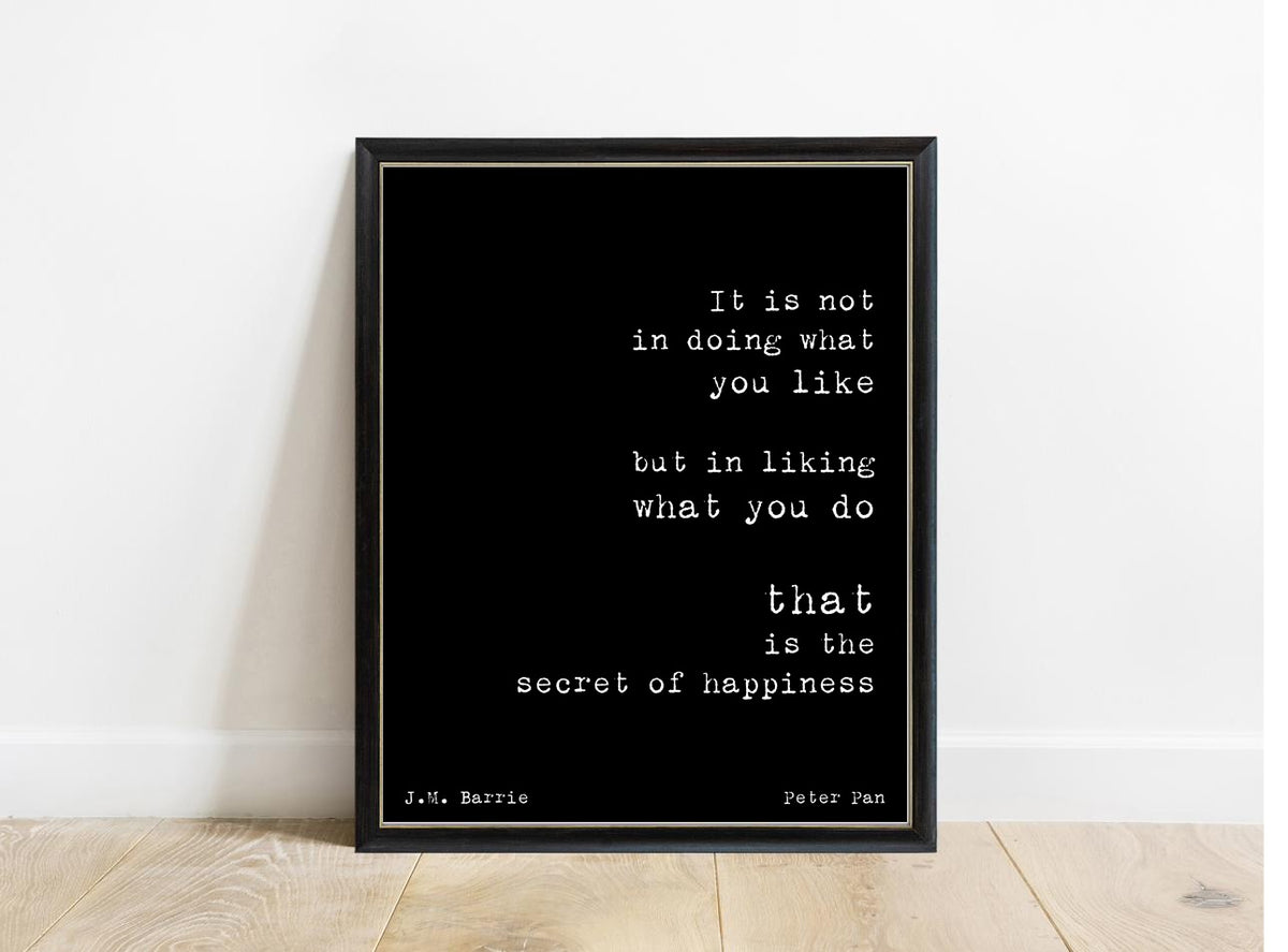 Peter Pan Secret Of Happiness stacked print in a black frame, black background