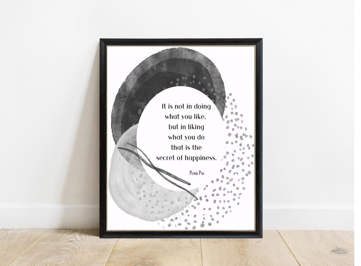 Peter Pan Secret Of Happiness watercolour print in a black frame, black and white