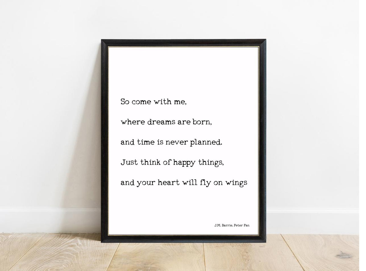 Peter Pan So Come With Me left aligned print in a black frame, white background