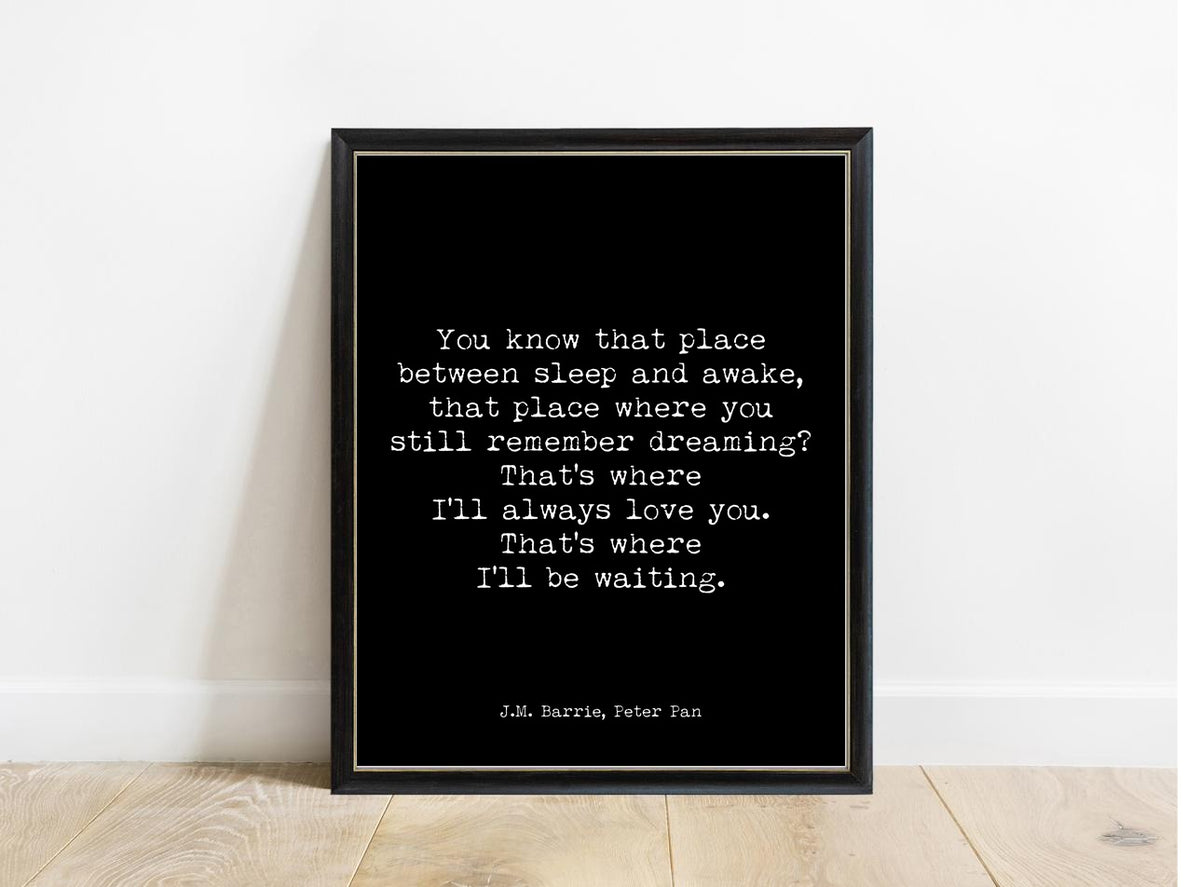 Peter Pan You Know That Place typewriter print in a black frame, black background