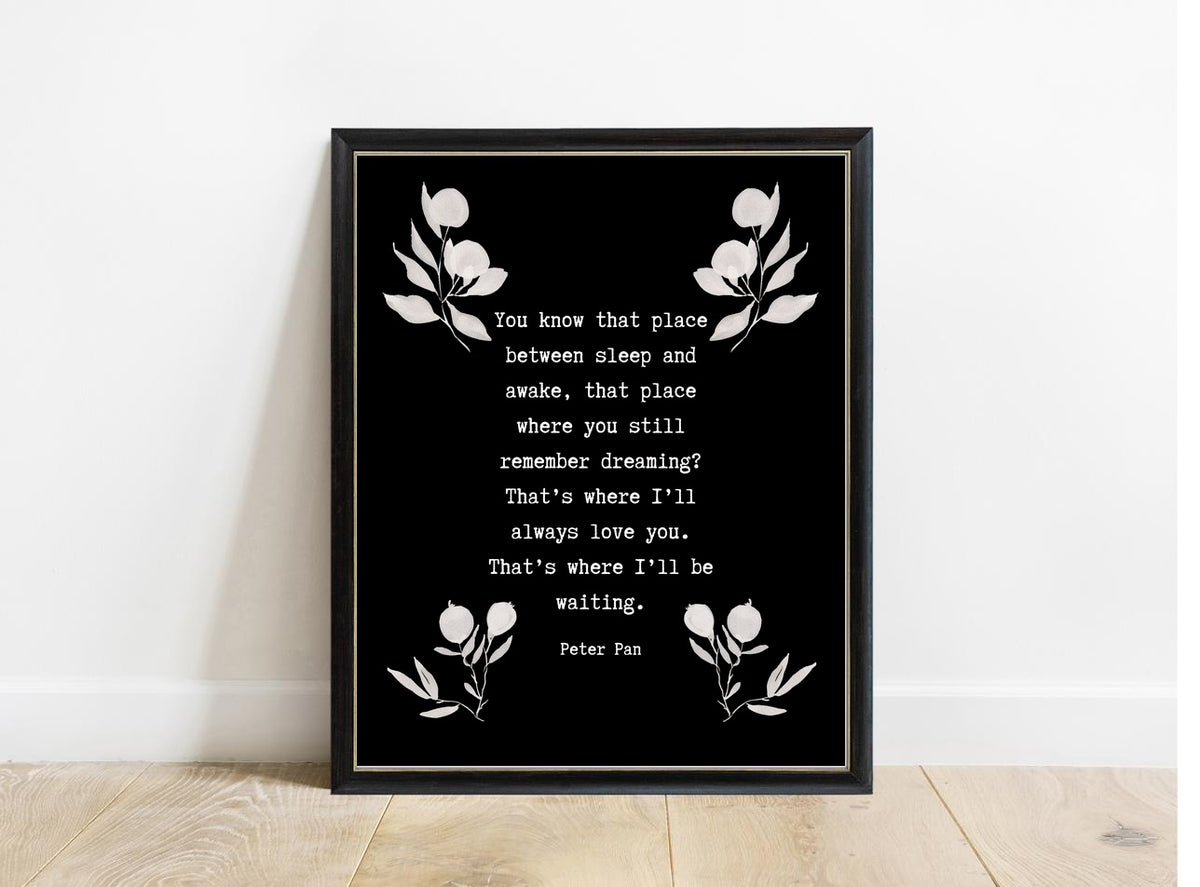 Peter Pan You Know That Place botanical print in a black frame, black background