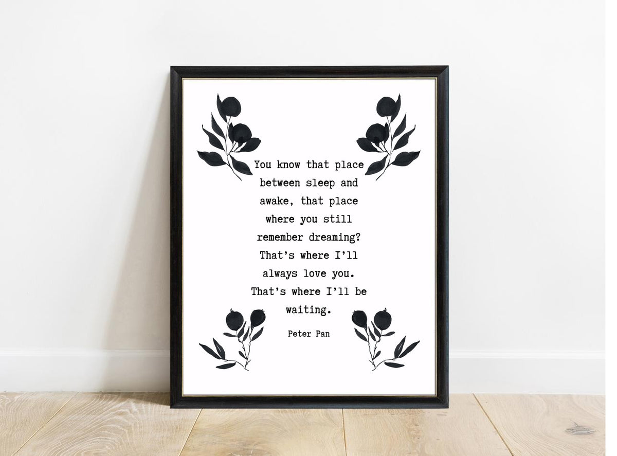 Peter Pan You Know That Place botanical print in a black frame, white background