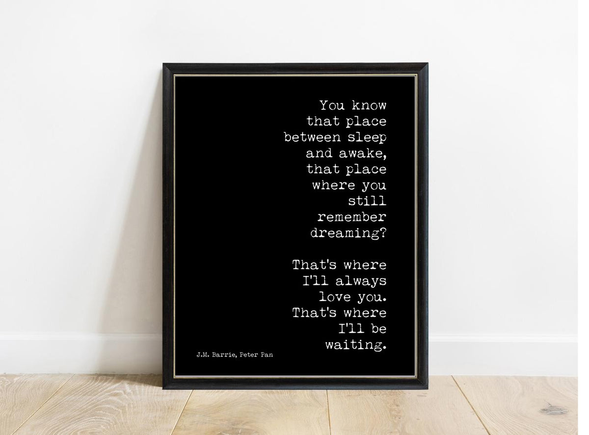 Peter Pan You Know That Place right justified print in a black frame, black background