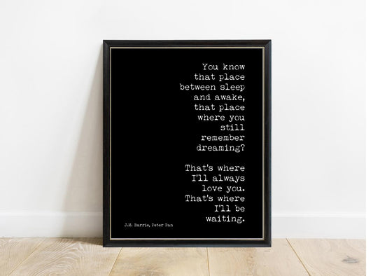 Peter Pan You Know That Place right justified print in a black frame, black background