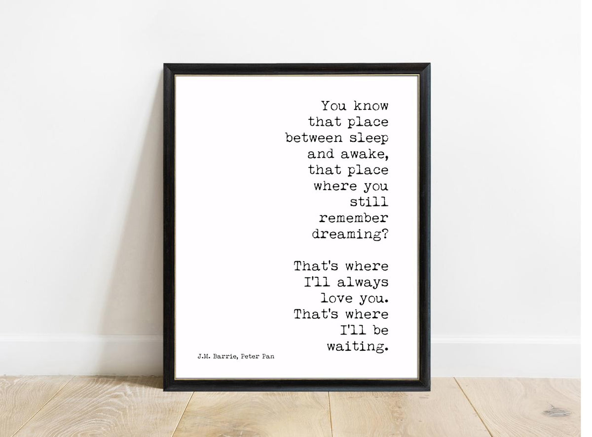 Peter Pan You Know That Place right justified print in a black frame, white background