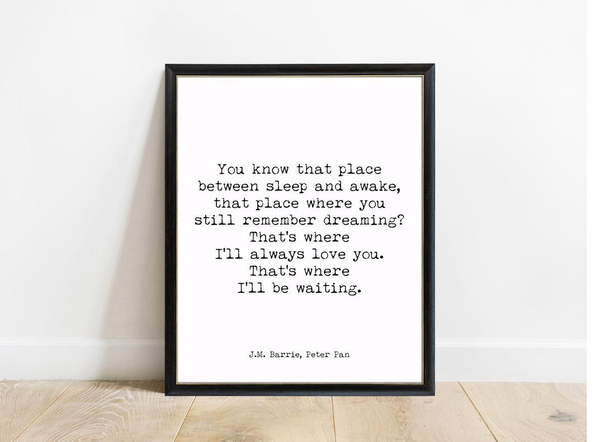 Peter Pan You Know That Place typewriter print in a black frame, white background