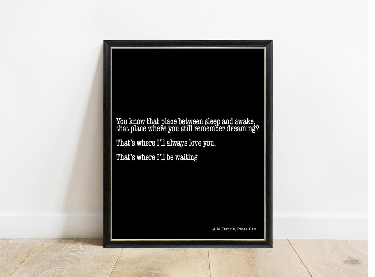 Peter Pan You Know That Place wide print in a black frame, black background