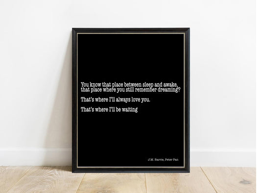 Peter Pan You Know That Place wide print in a black frame, black background