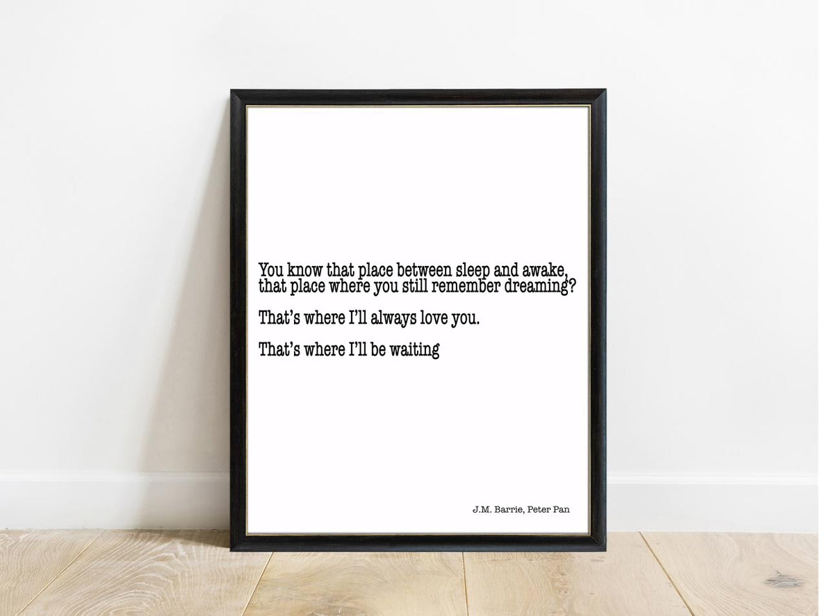 Peter Pan You Know That Place wide print in a black frame, white background