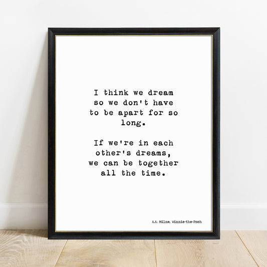 Winnie the Pooh dream quote print in a black frame, white background