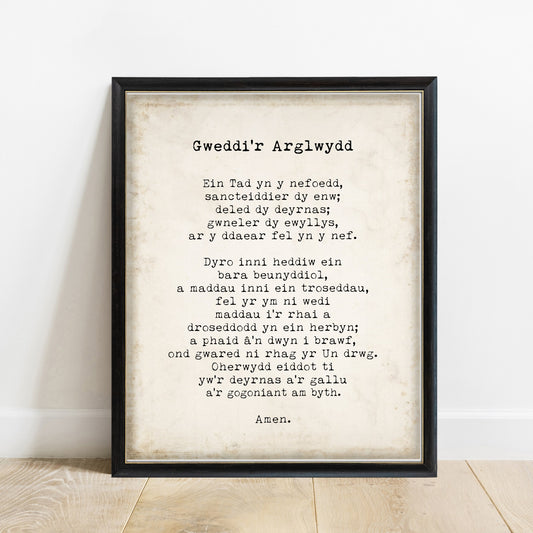 Welsh Lord's Prayer Ein Tad print in a black frame, vintage background