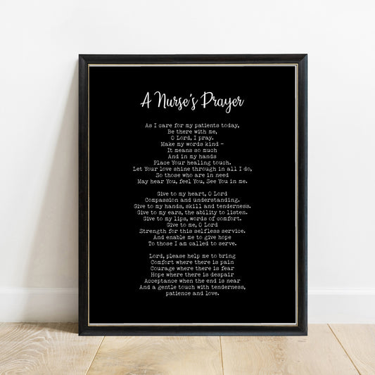 Nurse's Prayer print in a black frame, black background