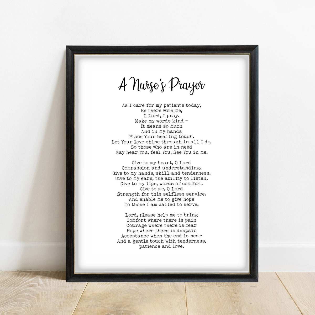 Nurse's Prayer print in a black frame, white background