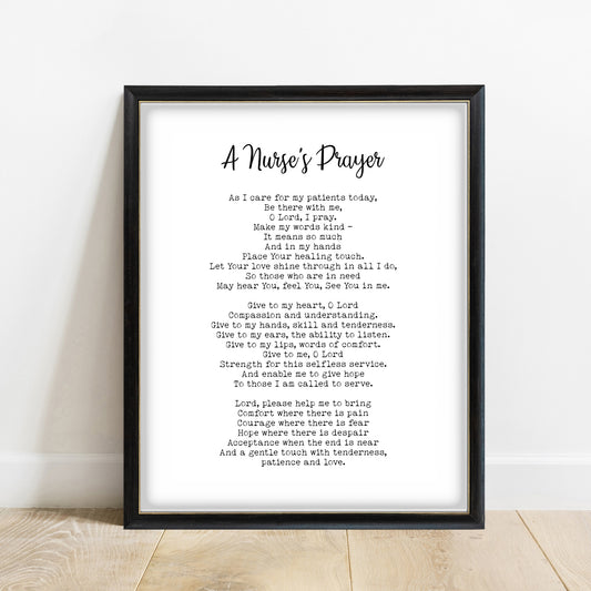 Nurse's Prayer print in a black frame, white background
