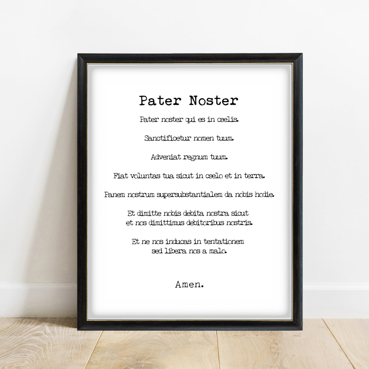 Pater Noster Latin Lord's Prayer print in a black frame, white background