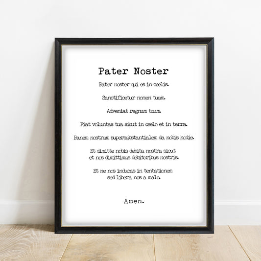 Pater Noster Latin Lord's Prayer print in a black frame, white background