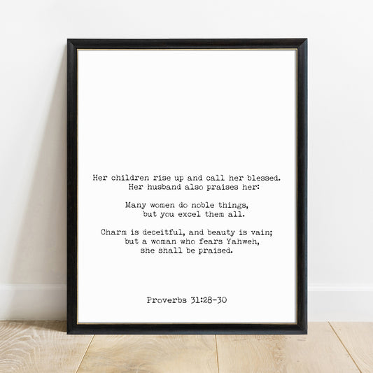 Proverbs 31 scripture print for mothers in a black frame, white background