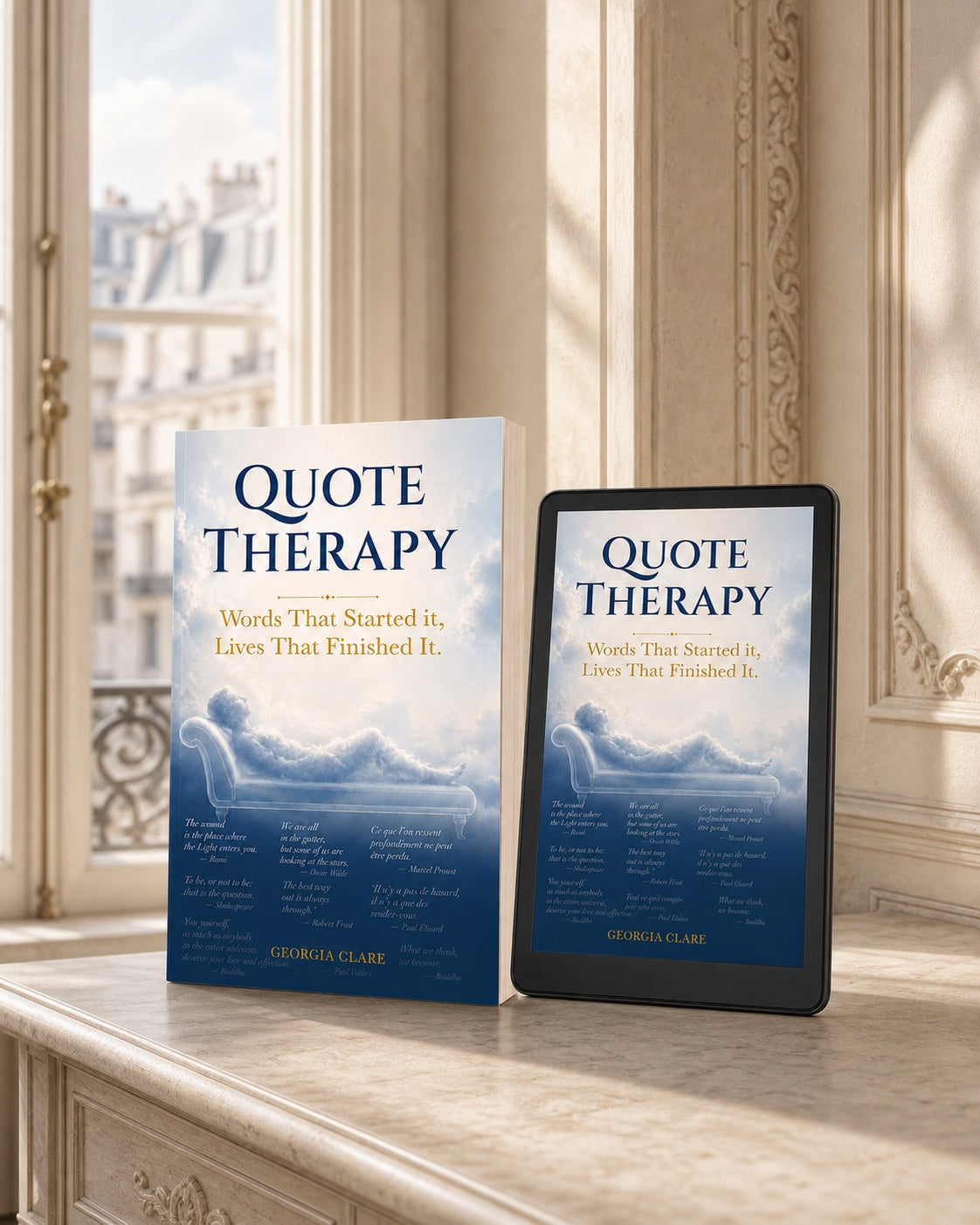 Quote Therapy paperback by a window in a French apartment