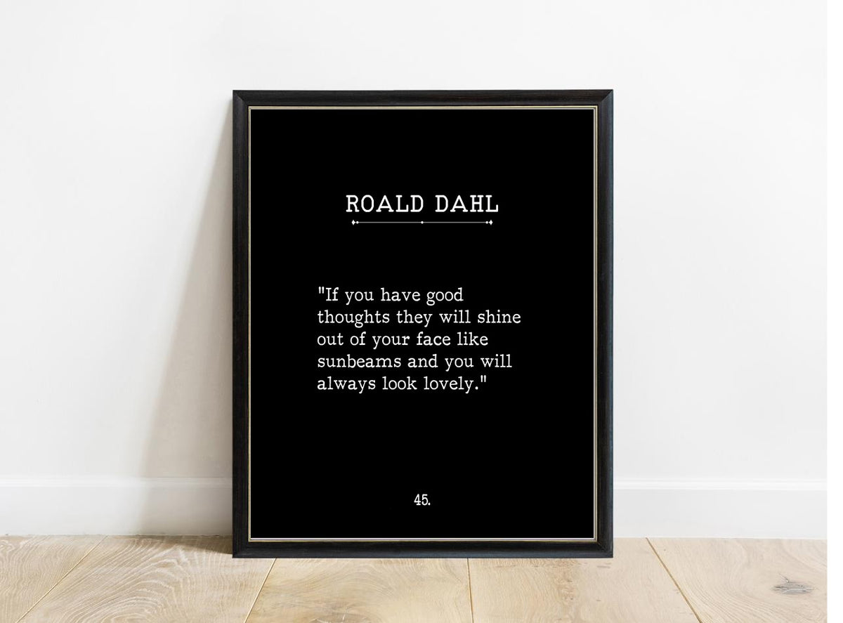 Roald Dahl Good Thoughts book page print in a black frame, black background
