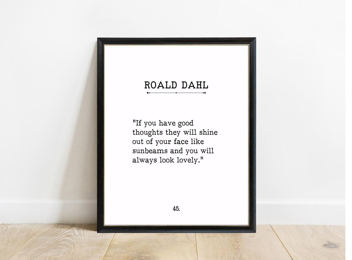 Roald Dahl Good Thoughts book page print in a black frame, white background
