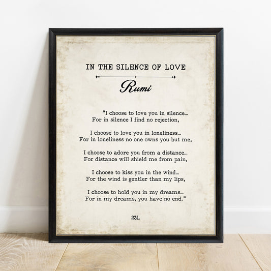 Rumi In the Silence of Love vintage book page print in a black frame