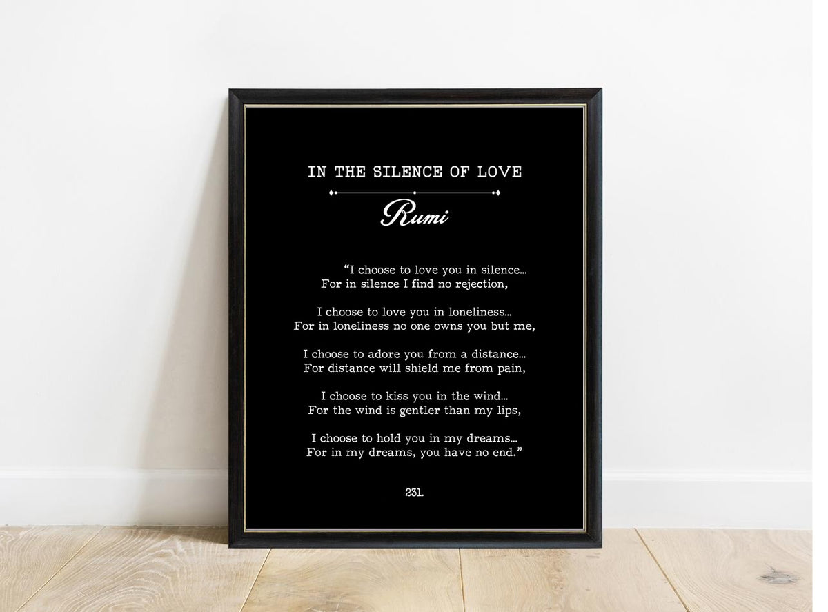 Rumi In the Silence of Love book page print in a black frame, black background