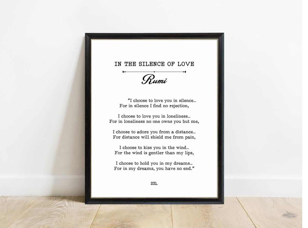 Rumi In the Silence of Love book page print in a black frame, white background