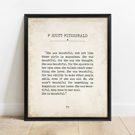 F. Scott Fitzgerald She Was Beautiful vintage book page print in a black frame