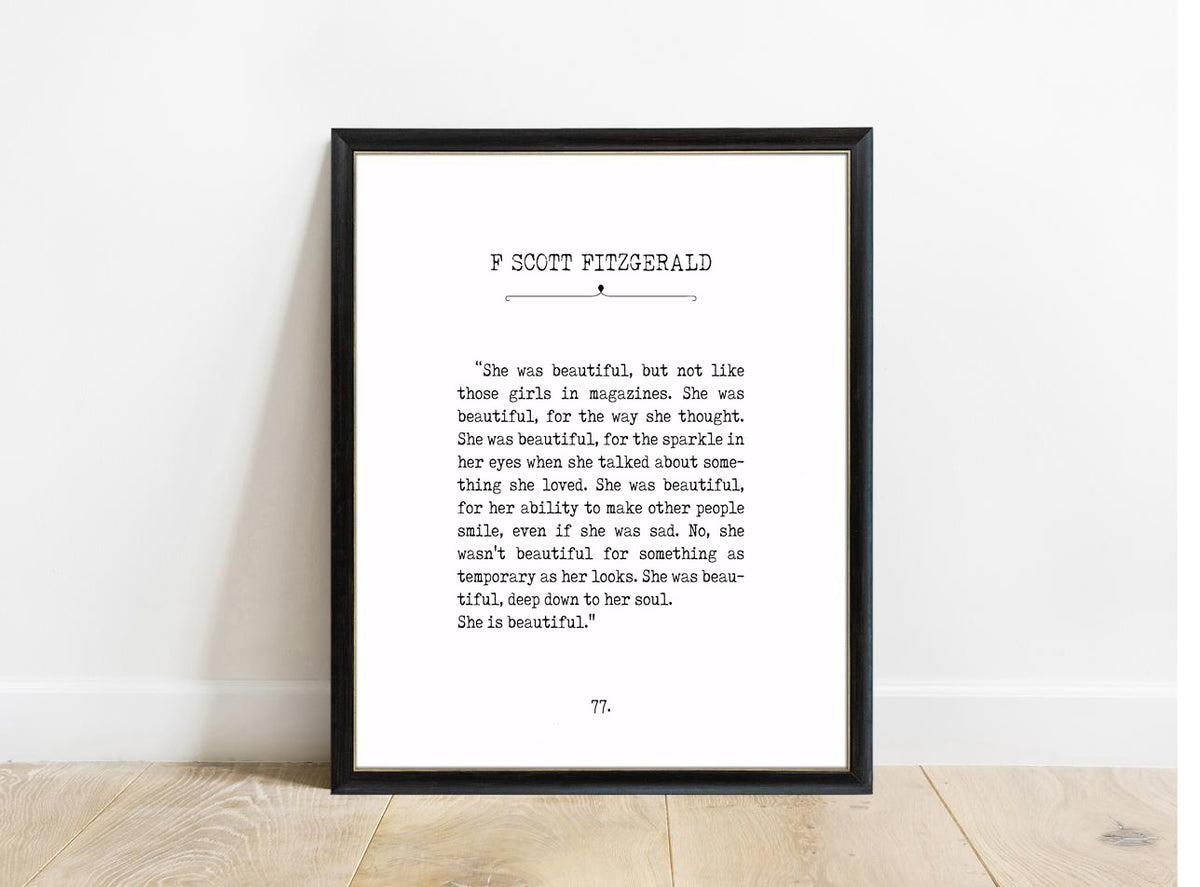 F. Scott Fitzgerald She Is Beautiful book page print in a black frame, white background