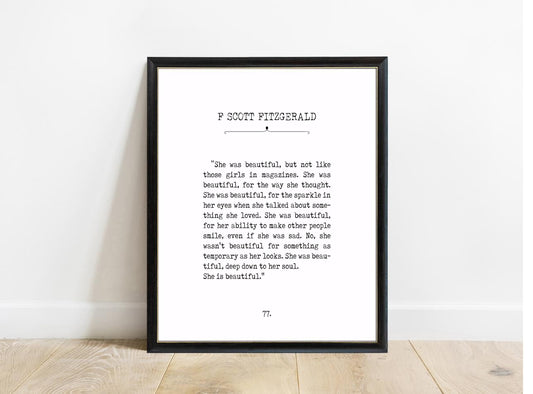 F. Scott Fitzgerald She Is Beautiful book page print in a black frame, white background