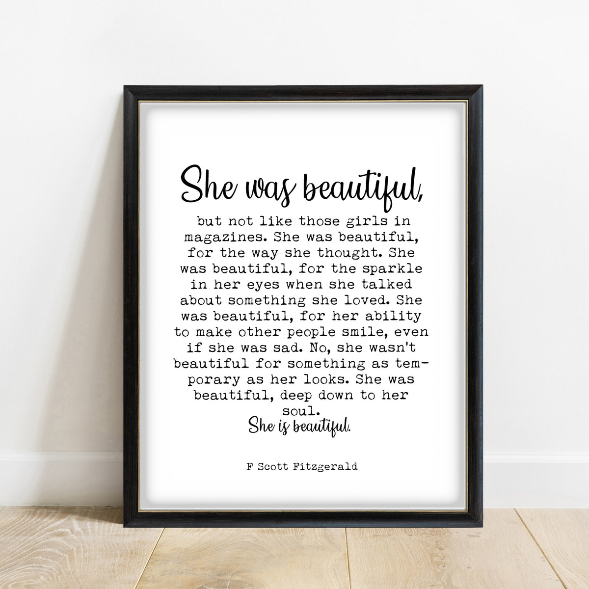 F Scott Fitzgerald She Was Beautiful quote print, white background, black frame