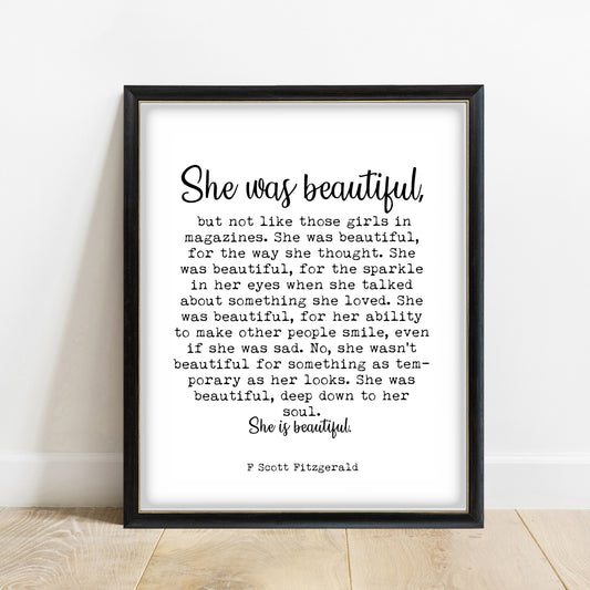 F Scott Fitzgerald She Was Beautiful quote print, white background, black frame