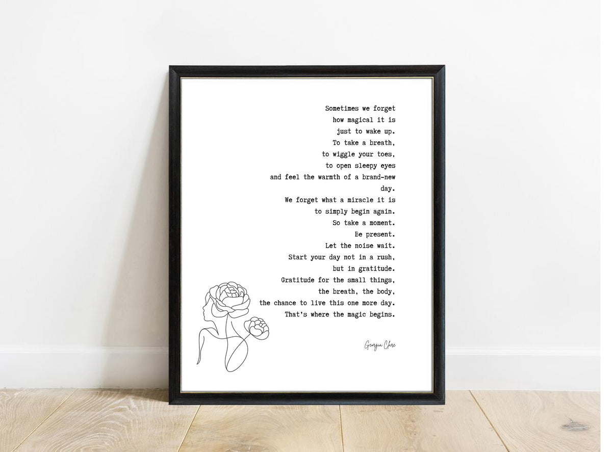 Georgia Clare Sometimes We Forget gratitude poem print in a black frame, white background