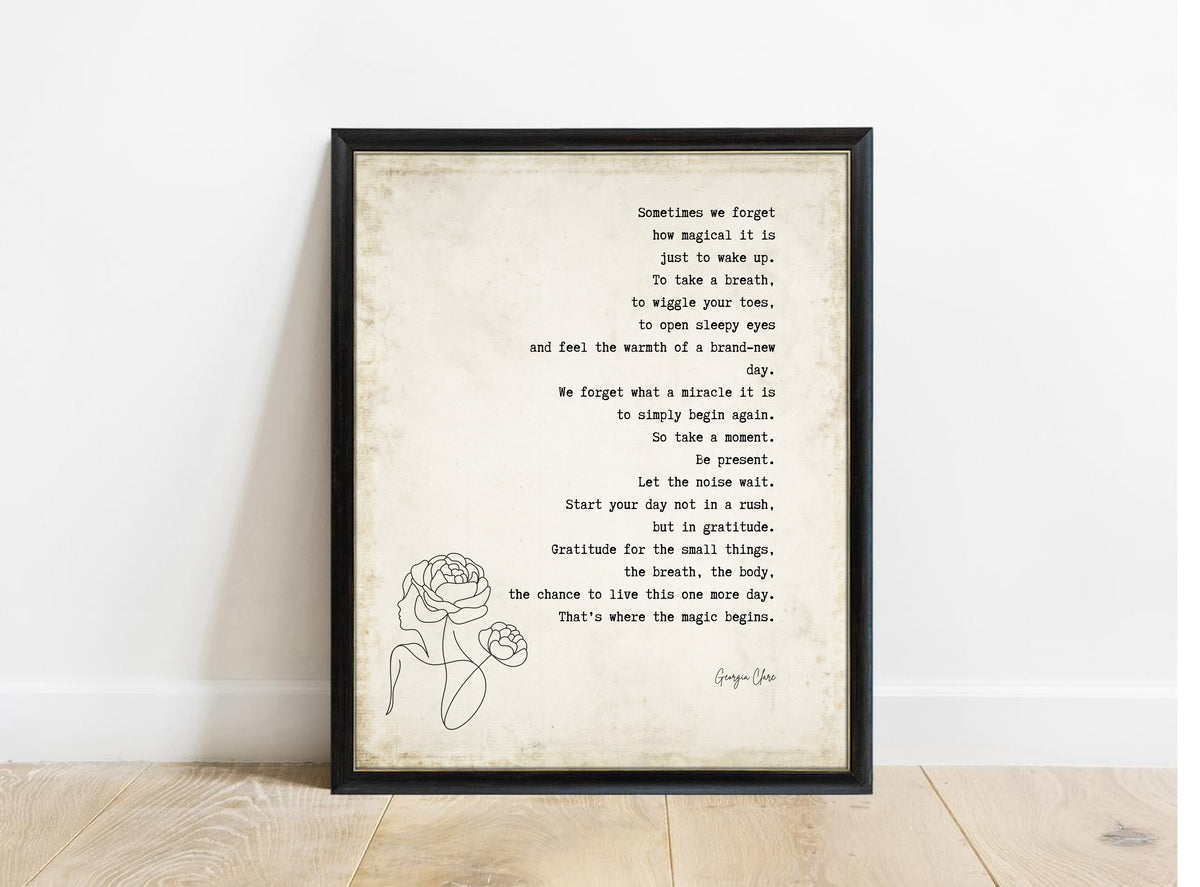 Georgia Clare Sometimes We Forget gratitude poem print in a black frame, vintage background